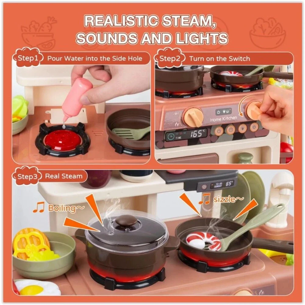 Kids Kitchen PlaySet Cooking, 42 Pcs  with Sounds, Lights, Misting and Steam NEW